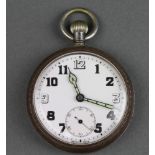A metal cased Army issue pocket watch with seconds at 6 o'clock, no.M1490 It works intermittently