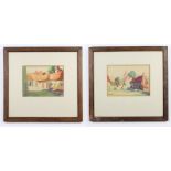 Early 20th Century watercolours a pair, unsigned, stylish village scenes with figures 16cm x 22cm