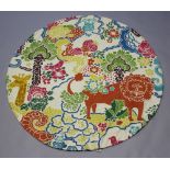 A circular Kashmiri hand stitched panel with jungle scene decorated giraffe, lion and birds 144cm