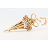 An 18ct yellow gold gem set parasol brooch, 7.8 grams