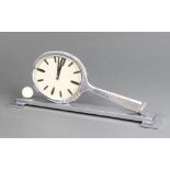 A French Art Deco 8 day mantel timepiece/desk clock in the form of a chrome tennis racket with white