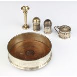 A cylindrical pierced silver 3 piece condiment set comprising salt, pepper and mustard pot,