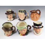 Six Royal Doulton large character jugs - Paddy, Sairey Gamp D5451, Beefeater D6206, Izaak Walton