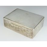 A rectangular silver cigar/trinket box with hinged lid, London 1946, lid inscribed, 7cm h x 22cm w x