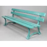 Mobilur, a green painted iron and wooden slatted garden bench 76cm h x 200cm w x 69cm d