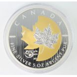 A 2013 Canadian anniversary maple leaf design silver 5 oz medallion, boxed, 157.6 grams
