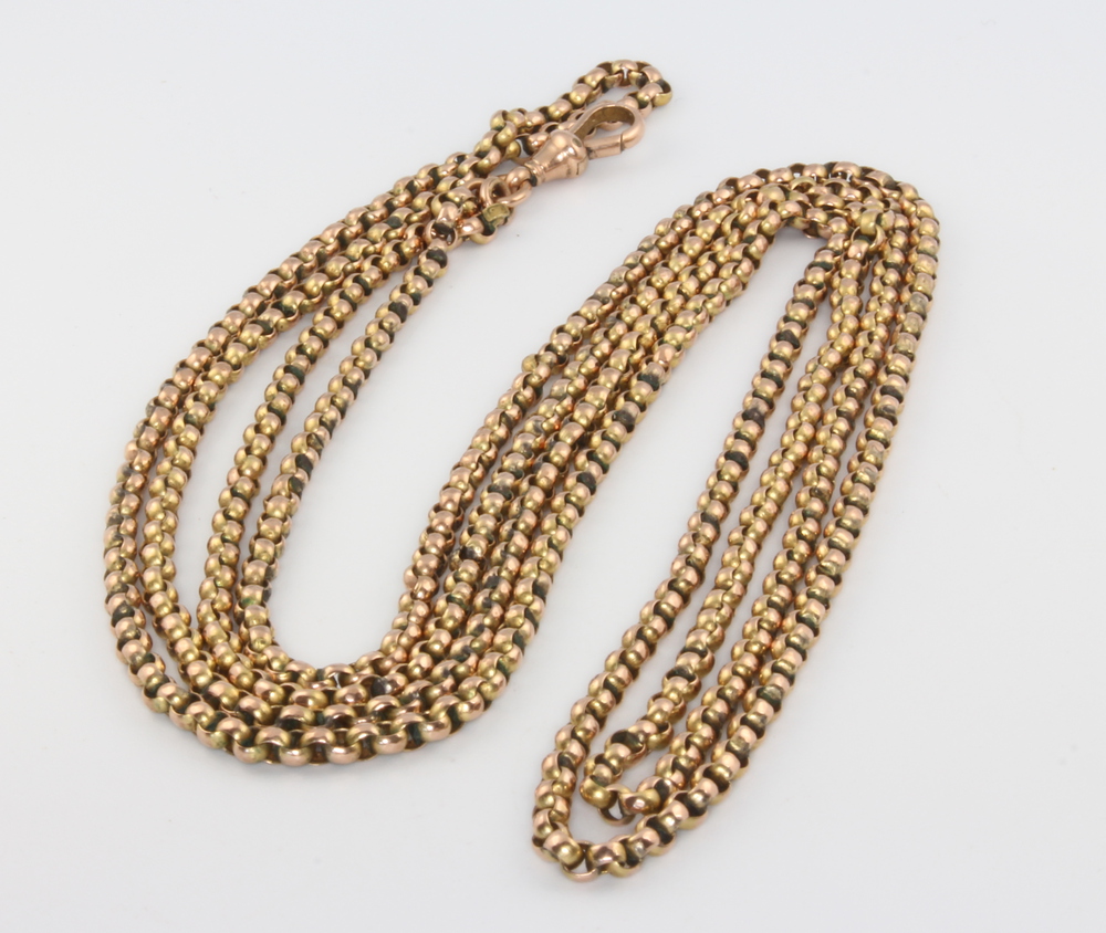 A Victorian 9ct yellow gold muff chain, 30 grams, 140cm