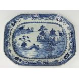 An 18th Century Chinese blue and white octagonal meat plate decorated with figures in landscape 35cm