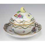 A Dresden bowl, cover and stand decorated with spring flowers and lemon finial