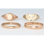 Four 9ct yellow gold rings, size O, Q, Q and V, 7 grams