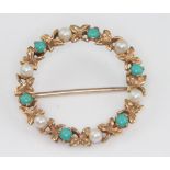 A 9ct yellow gold seed pearl and turquoise brooch 4.6 grams