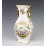 A modern Dresden flattened baluster vase decorated with panels of Chinese figures in landscapes with