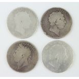 Four George III silver crowns, 107 grams, (worn)
