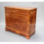 A 19th Century Continental walnut chest of 4 long drawers with canted corners raised on bracket feet