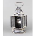 A 19th Century square Japanned signalling lantern 34cm x 14cm x 14cmThe weights and glass to the