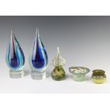 A pair of Studio Glass free form sculptures 30cm, 2 vases and a basket
