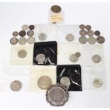 A Portuguese 1881 mounted silver coin brooch and minor coins