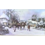 Alan King (1946-2013), print, "Winter Delivery" winter village scene, 19cm x 34cm