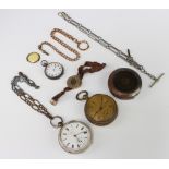 A silver keywind pocket watch with seconds at 6 o'clock, another pocket watch, fob watch and a
