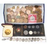A silver gilt commemorative 1977 crown and minor coinage including 2 coin bracelets