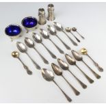 A pair of silver salts Sheffield 1912, 2 condiments and minor cutlery, 140 grams