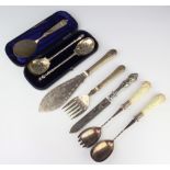 A pair of Edwardian silver plated fish servers and minor cutlery