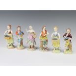 A pair of modern Dresden figures of flowers sellers raised on rococo bases 14cm, 2 other pairs