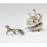 A Continental silver miniature of a ship together with parts of a chariot, 58 grams