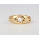 An 18ct yellow gold single stone diamond ring, 0.2ct, size H 1/2, 3.8 gramsThis ring has some