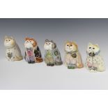 Five Rye Cinque Port Pottery figures of dressed cats with glass eyes 12cm
