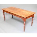 A 19th Century French fruitwood table fitted 2 long drawers, raised on turned supports 74cm h x