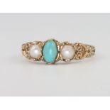 A 9ct yellow gold turquoise and seed pearl ring 2.4 grams, size P 1/2