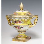 A Portuguese porcelain 2 handled urn and cover decorated with spring flowers with pineapple finial
