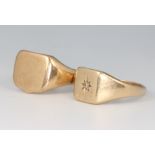 A gentleman's 9ct yellow gold diamond set signet ring size R 1/2 and another size T, 14 grams