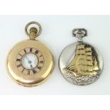 A gentleman's gold plated half hunter pocket watch with seconds at 6 o'clock, the dial inscribed F A
