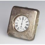 A silver pocket watch holder Birmingham 1914 containing a chromium cased Goliath pocket watch The