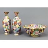 A pair of champleve enamelled floral patterned club shaped vases 27cm and a ditto bowl 26cm