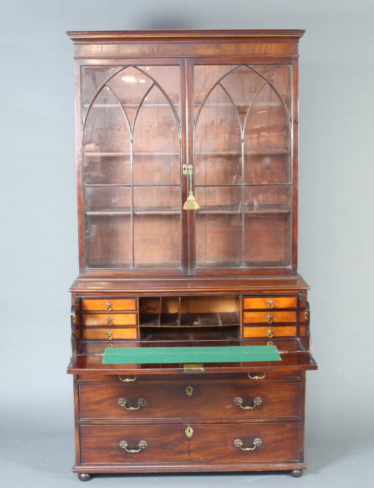 A Georgian mahogany secretaire bookcase, the upper section with moulded cornice fitted adjustable - Image 2 of 2