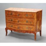 A Continental inlaid Kingwood commode of serpentine outline with pink veined marble top, raised on