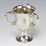 An Edwardian style silver 3 handled loving cup with baluster bowl and waisted stem, 318 grams, 13cm,