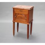 An Art Deco French bedside cabinet with pink veined marble top fitted a drawer with cupboard