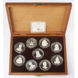 A set of 9 Birmingham Mint commemorative 1977 silver medallions, 396 grams, cased