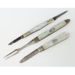 A Georgian silver and mother of pearl folding fork, a fruit knife and 1 other