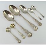 A pair of William IV silver Kings pattern table spoons and 5 other spoons, London 1836, 350 grams