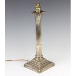 A silver Corinthian column table lamp with stepped base, engraved presentation inscription, Sheffiel