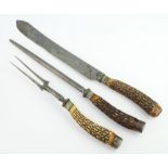 Wingfield Rowbotham, a Victorian 3 piece stag horn handled carving set with knife, fork and steel,