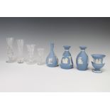 A Wedgwood blue Jasperware vase 8cm, 3 others and 4 cut glass flower vases