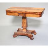 A Regency D shaped folding card table raised on a square column and triform base 72cm h x 89cm w x