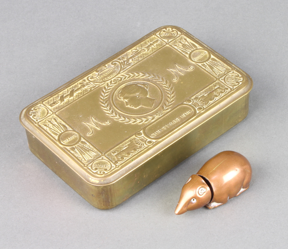 A copper vesta case in the form of a mouse 5cm x 2cm, the base marked Deponist? (tail missing),