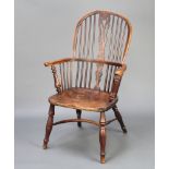 An 18th/19th Century yew and elm slat and rail back Windsor kitchen chair with crinoline